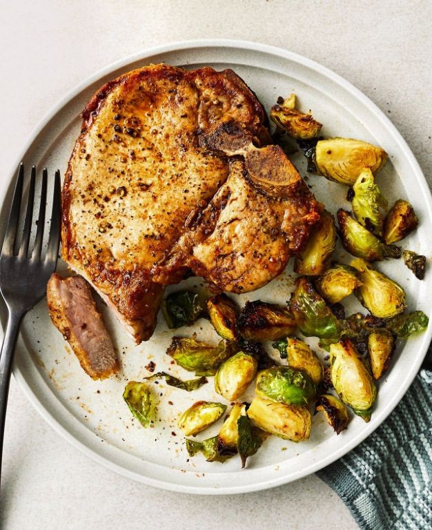 Air Fryer Pork Chops with Brussels Sprouts