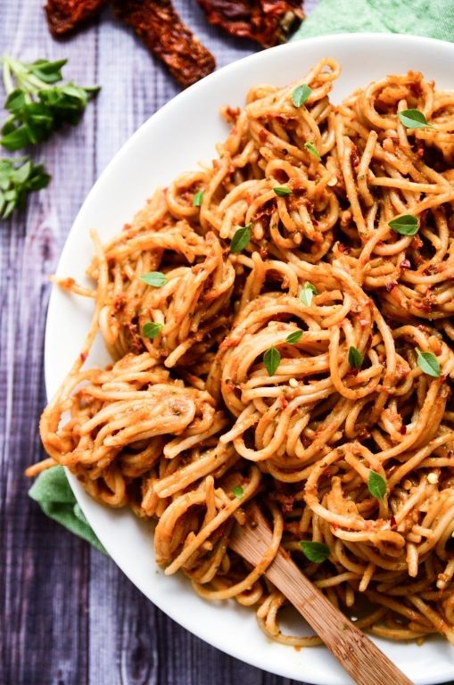 Avocado Basil Pesto Pasta with Sun-Dried Tomatoes