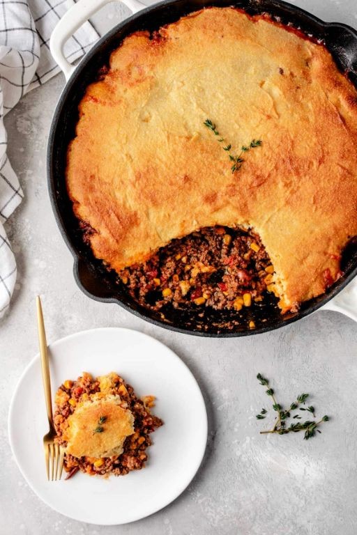 BBQ Hamburger Skillet Cornbread Casserole
