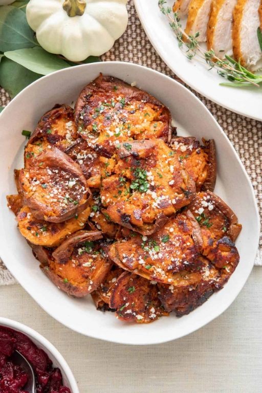 BBQ Smashed Sweet Potatoes