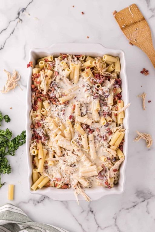 Baked Mostaccioli Alfredo with Chicken and Bacon