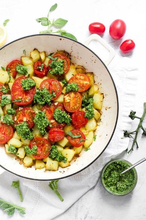 Baked Potato Rounds with Pesto and Cherry Tomatoes