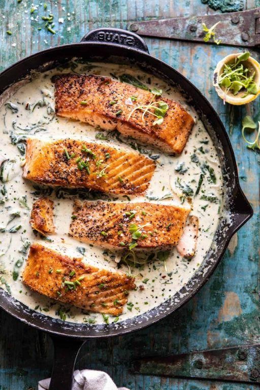 Baked Salmon with Garlic Spinach