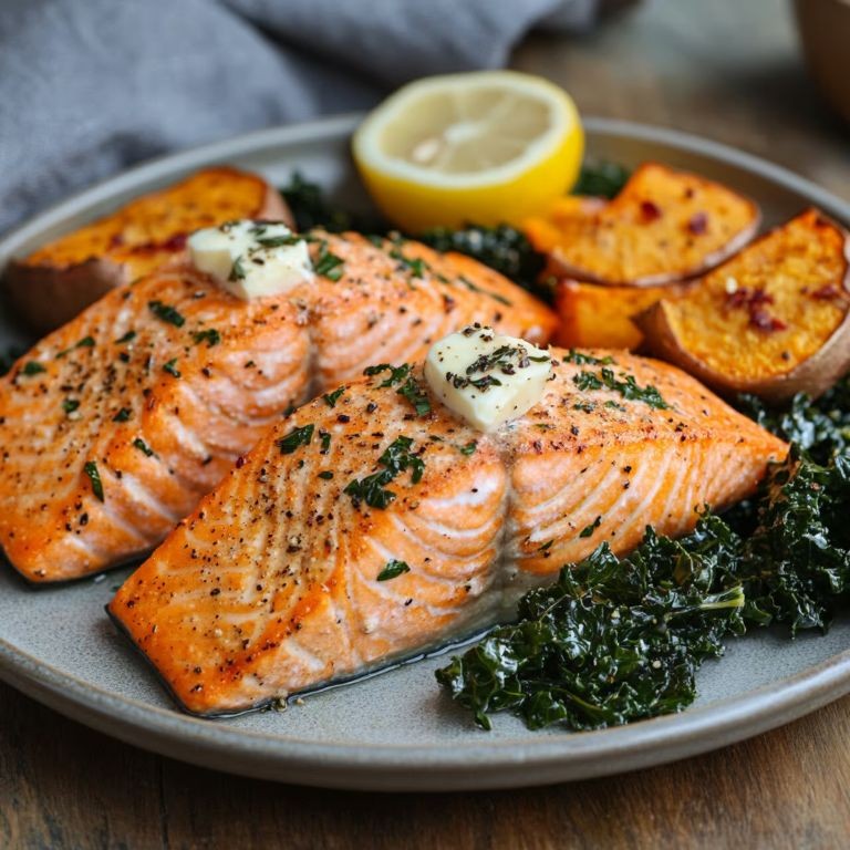 Baked Salmon with Garlicky Kale and Sweet Potatoes