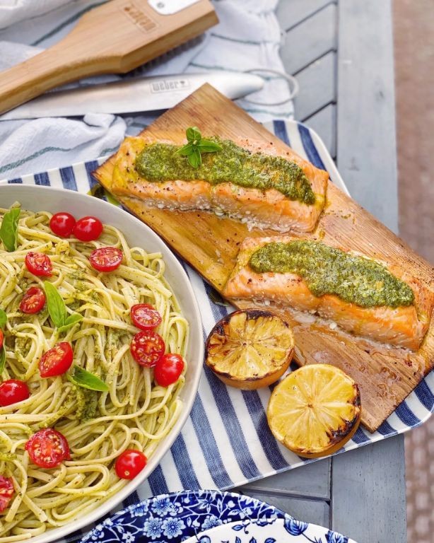 Basil Pesto Cedar Plank Salmon