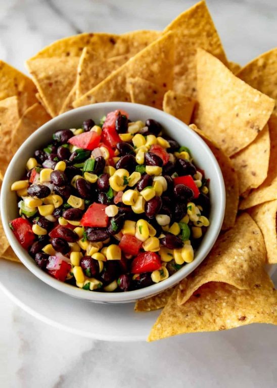 Bean and corn salsa with baked tortilla chips