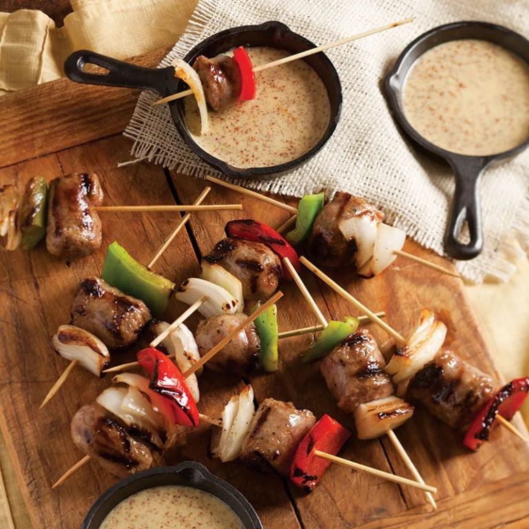 Beer-Braised Sausage Skewers with Mustard Glaze