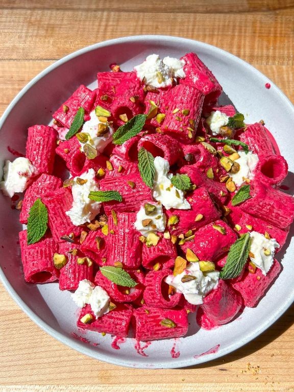Beetroot Pasta with Goat Cheese and Walnuts