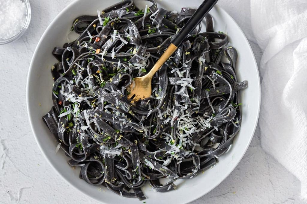 Black Squid Ink Pasta with Garlic Butter and Chili Flakes