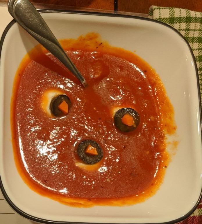 Bloody Tomato Bisque with Eyeball Mozzarella