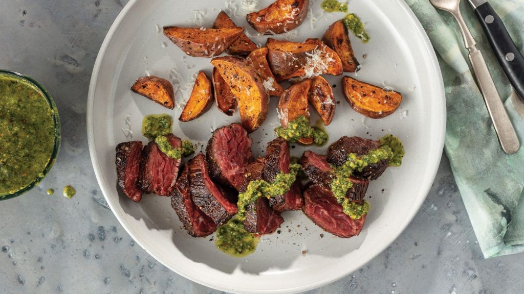 Bourbon Glazed Steak Bites with Sweet Potato Wedges