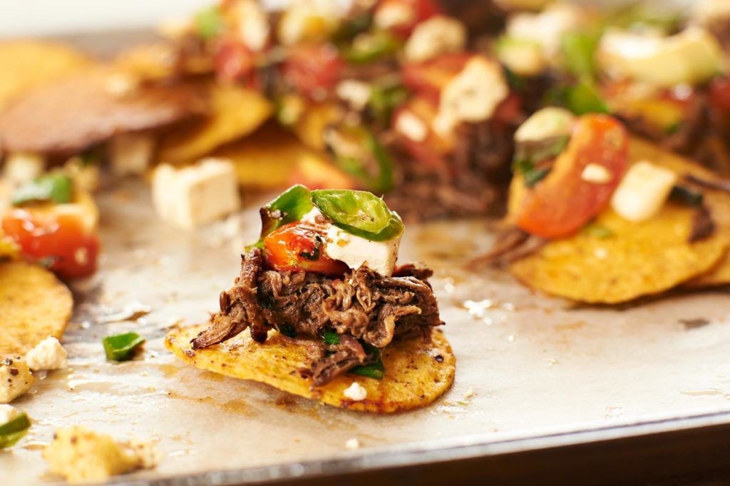 Brisket and Pork Nachos with Beer Cheese
