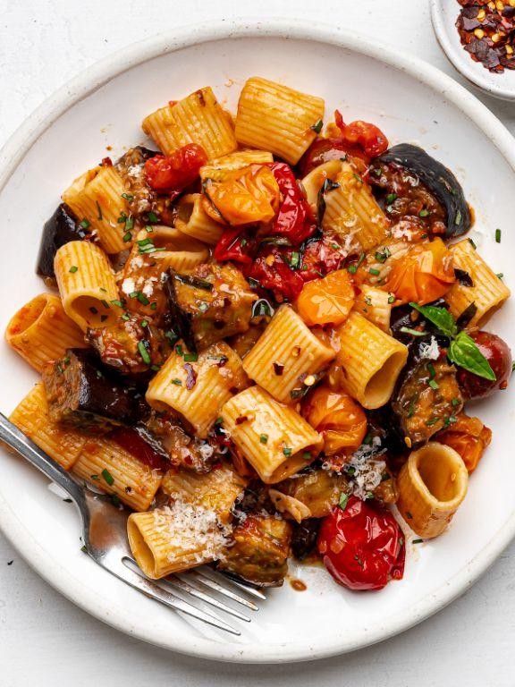 Brown Rice Pasta with Roasted Eggplant and Basil