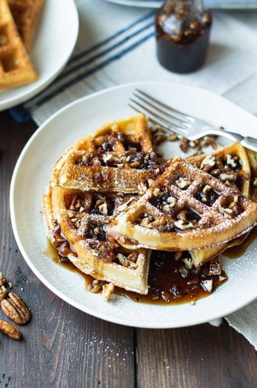 Buckwheat Waffles with Maple Syrup and Pecans