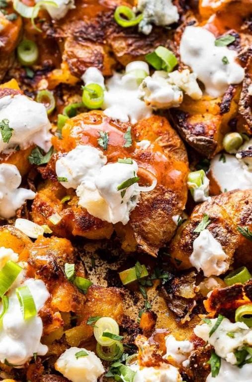 Buffalo Chicken Funeral Potatoes with Blue Cheese Crumbles