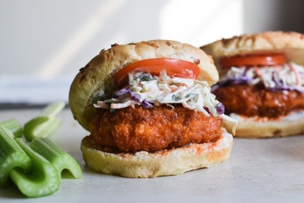 Buffalo Ground Chicken Burgers with Blue Cheese Slaw