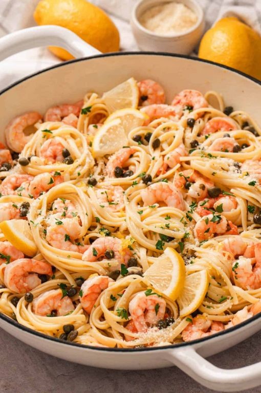 Calamarata Pasta with Lemon Caper Sauce and Grilled Shrimp