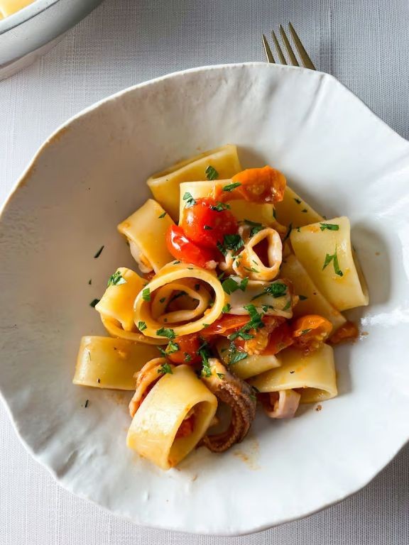 Calamarata Pasta with Spicy Tomato Sauce and Mixed Seafood
