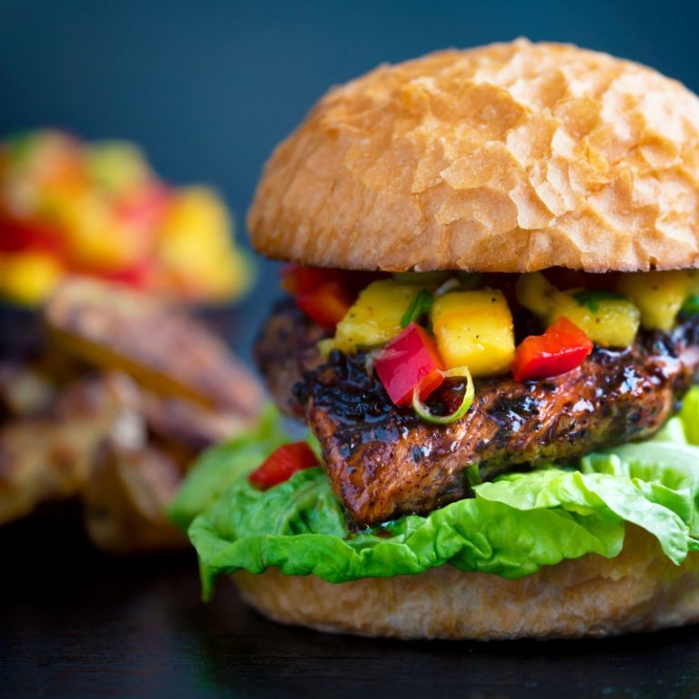 Caribbean Jerk Ground Chicken Burgers with Mango Salsa
