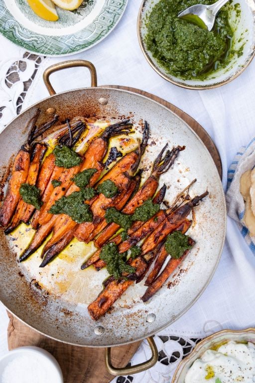 Carrot Top Pesto Pasta with Roasted Carrots