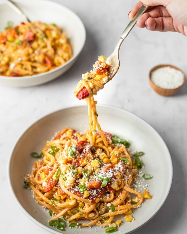 Cheesy Elote Pasta with Blistered Cherry Tomatoes