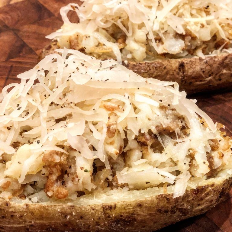 Cheesy Sausage and Sauerkraut Stuffed Potatoes