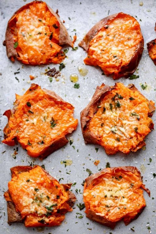 Cheesy Smashed Sweet Potatoes