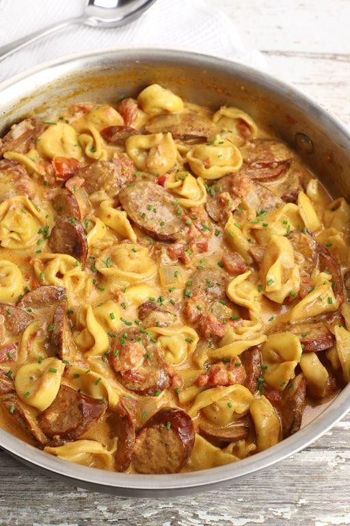 Cheesy Tortellini Bake with Spicy Andouille Sausage