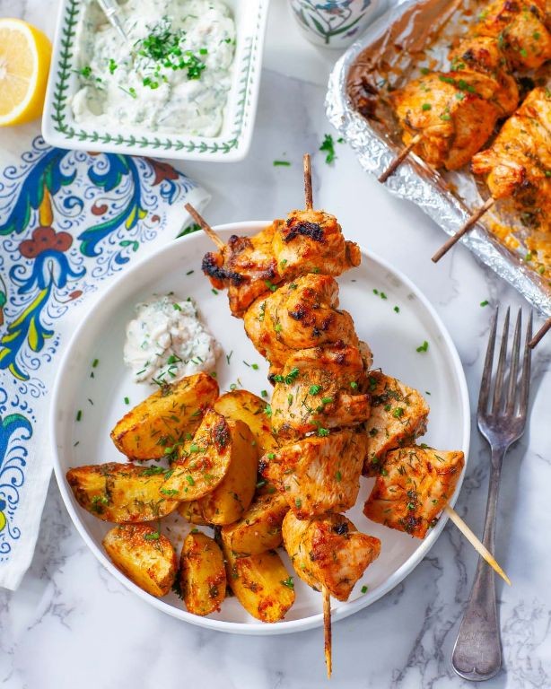 Chicken Breast and Potato Kebabs with Grilled Onions