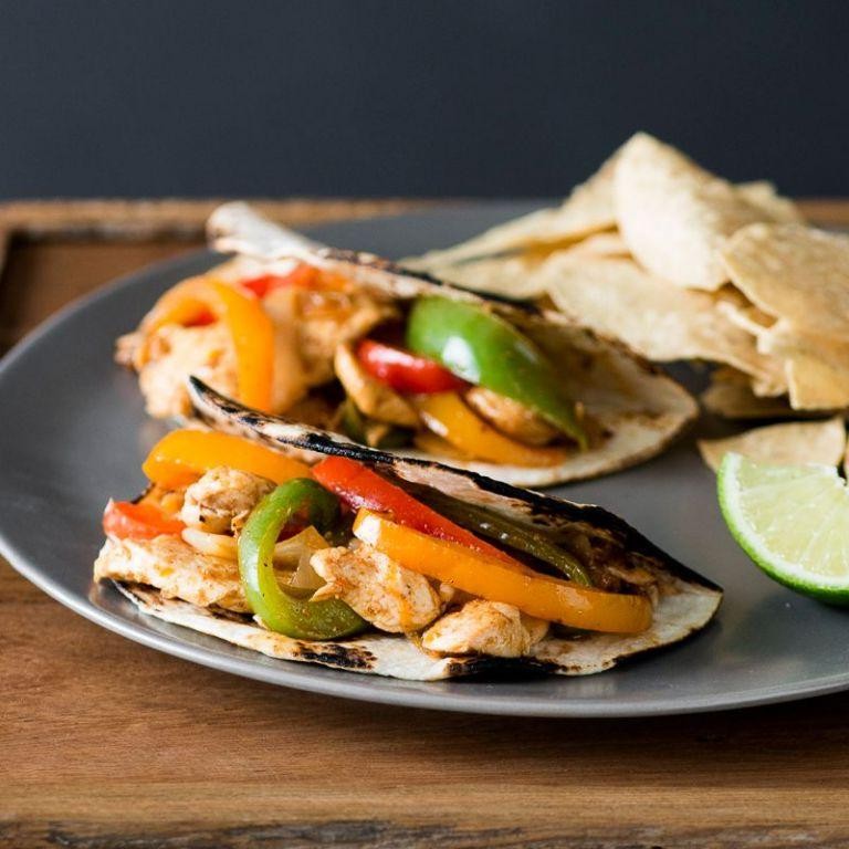 Chicken Fajita Tostadas with Bell Peppers and Onions