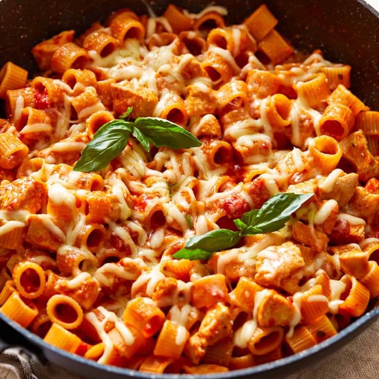 Chicken Parmesan Pasta with Mozzarella and Basil