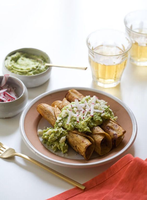 Chicken and Cheese Flautas with Avocado Crema