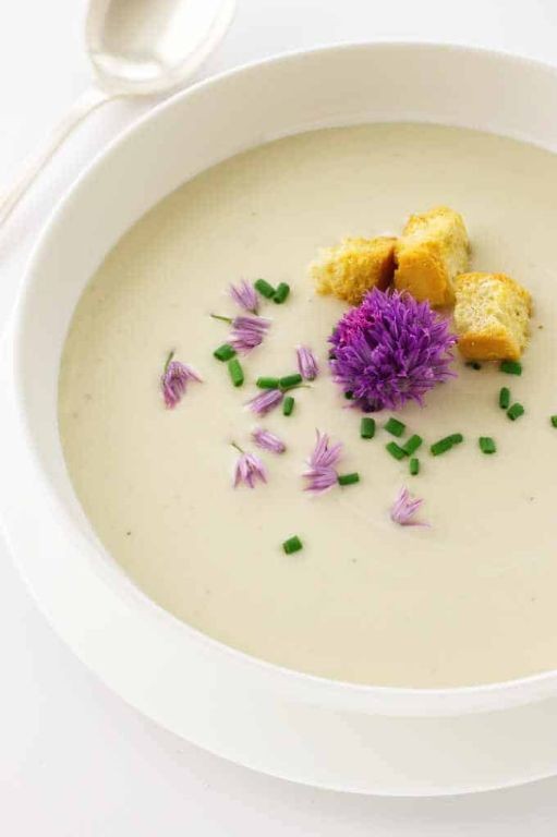 Chive Blossom Soup with Croutons