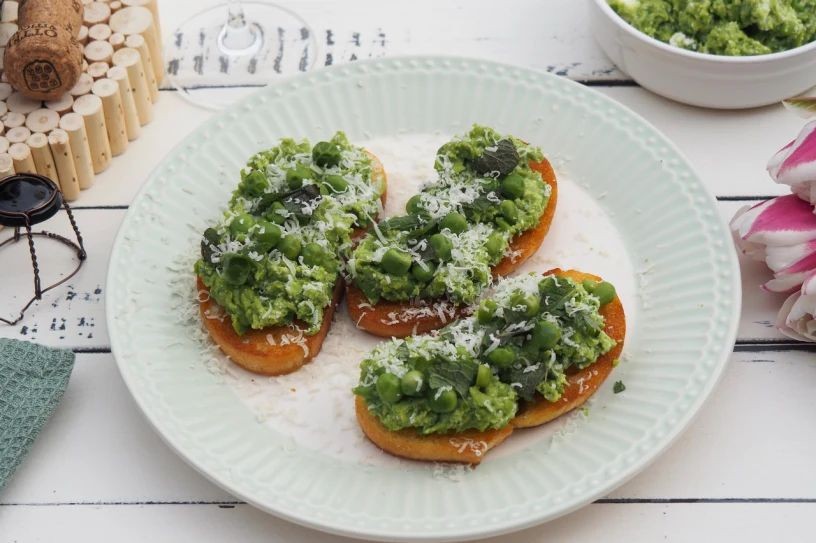 Chive Blossom and Spring Pea Bruschetta