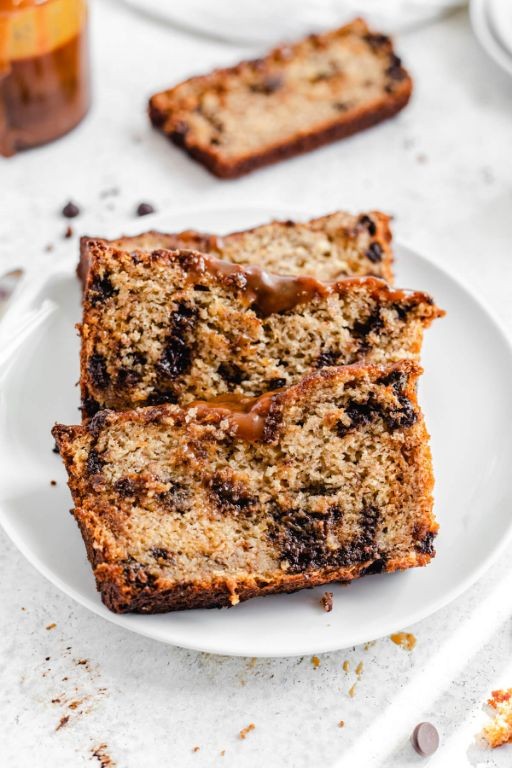 Chocolate Chip Banana Bread with Caramel Drizzle