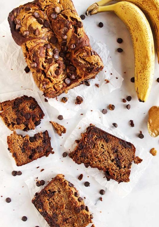 Chocolate Chip Banana Bread with Peanut Butter Swirl