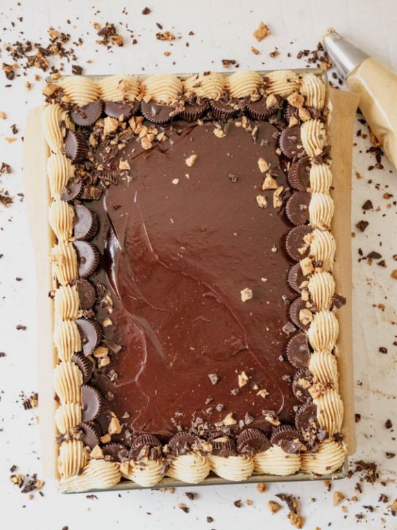 Chocolate Peanut Butter Sheet Cake with Reese