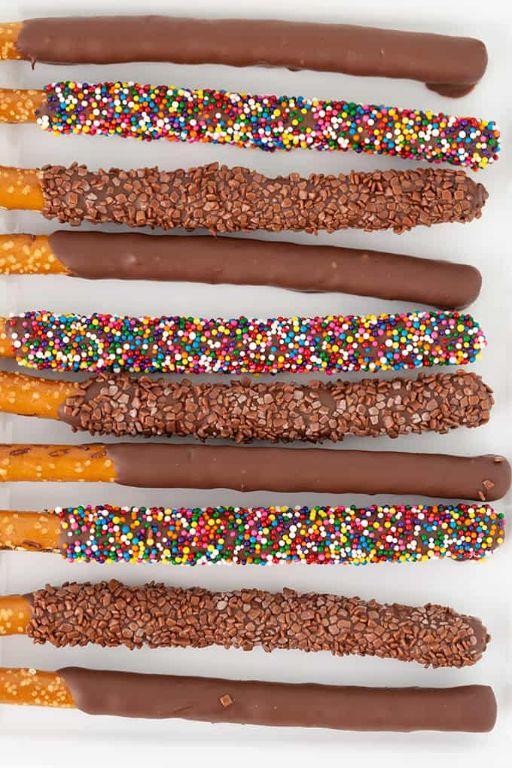 Chocolate-Dipped Pretzel Rods with Sprinkles