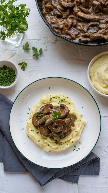 Creamy Beef and Peas over Mashed Potatoes