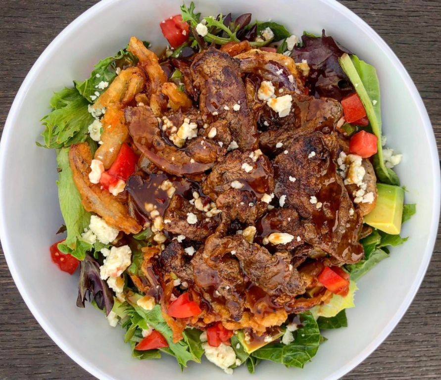 Creamy Blue Cheese Steak Salad with Crispy Onions