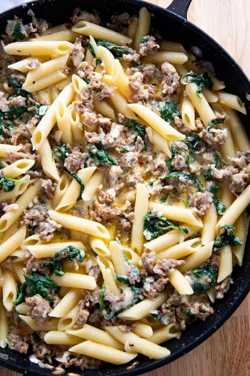 Creamy Italian Sausage and Spinach Pasta Bake