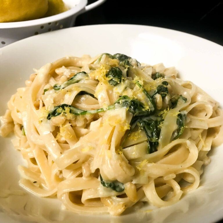 Creamy Olive Oil Pasta with Spinach and Pine Nuts