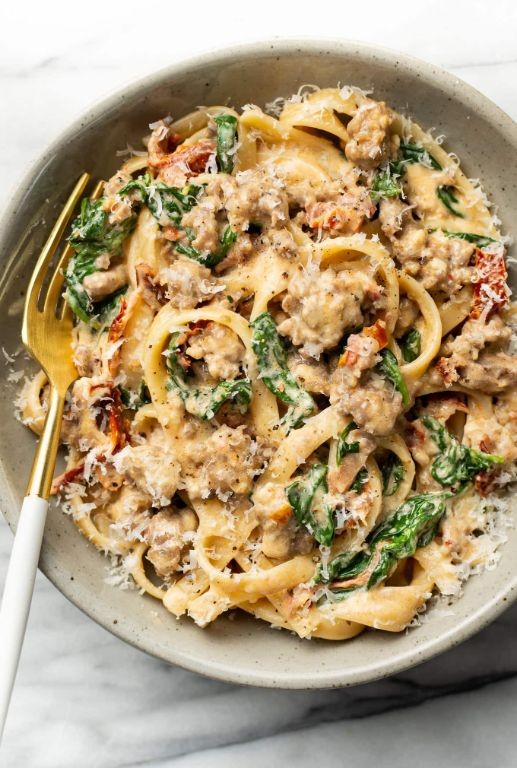 Creamy Tuscan Sausage and Spinach Pasta