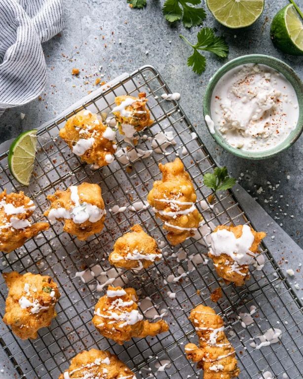 Crispy Elote Fritters with Sriracha Aioli