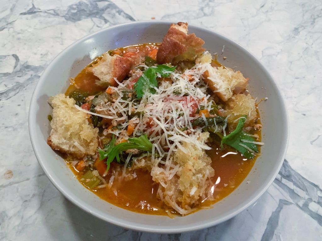 Crusty Bread-Topped Italian Sausage and Vegetable Stew