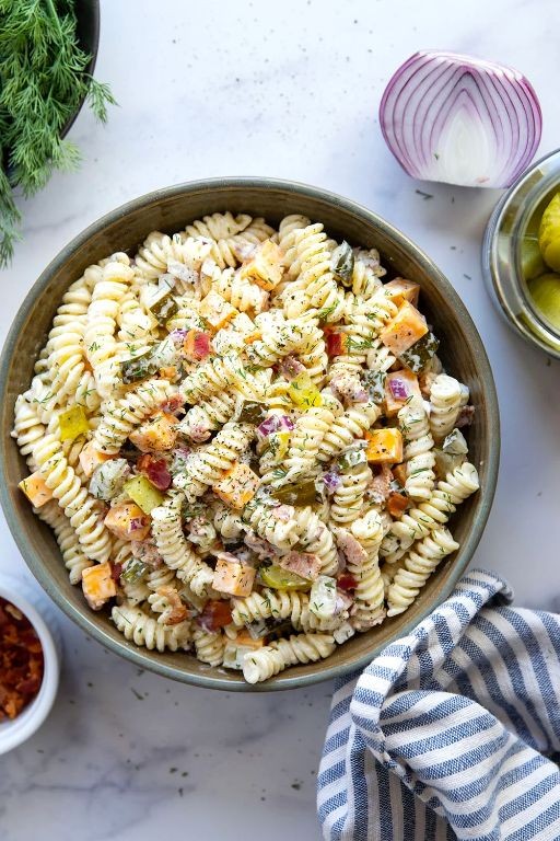 Dill Pickle Pasta Salad with Bacon and Peas