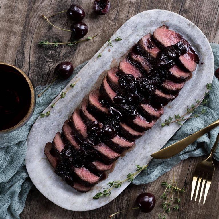 Elk Roast with Cherry and Red Wine Reduction