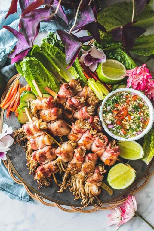 Enoki Mushroom and Shrimp Skewers