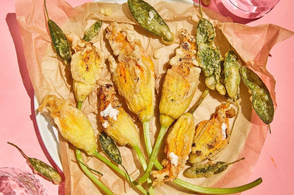 Fried Squash Blossoms with Chorizo and Manchego