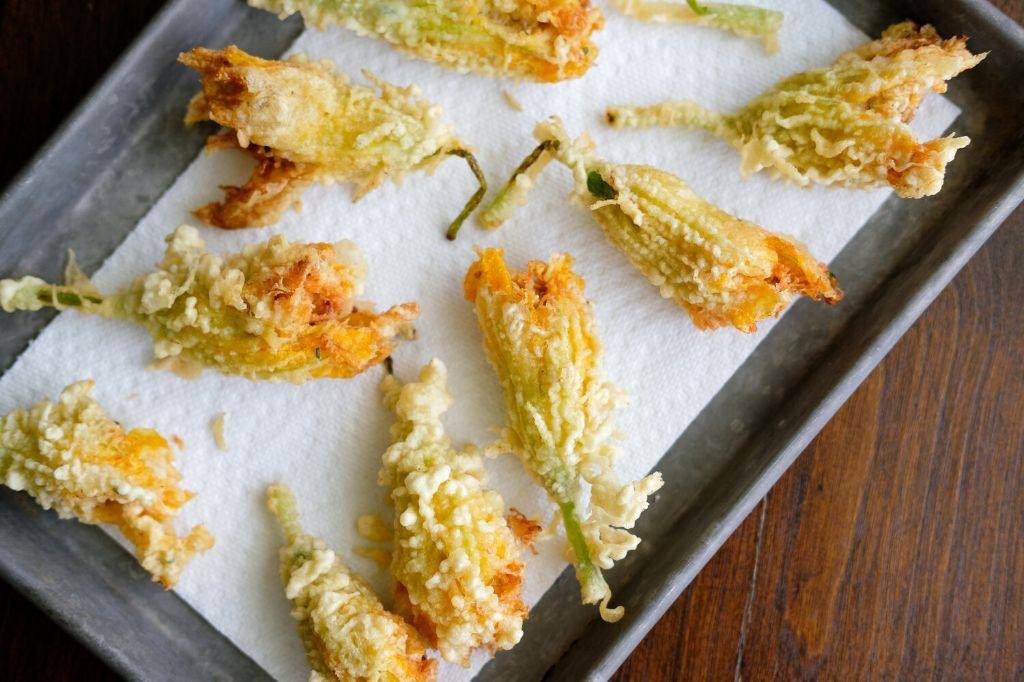 Fried Squash Blossoms with Crab and Cream Cheese Filling